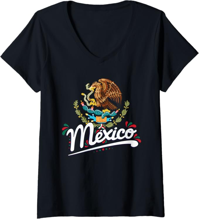 Women's Mexican Flag Coat of Arms V-Neck Women T-Shirt with Mexico Lettering