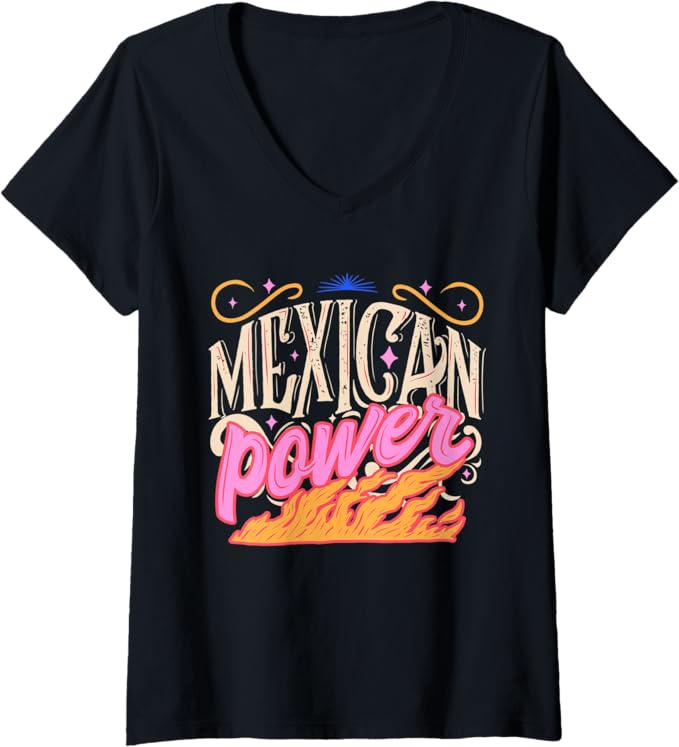 Women's Mexican Power Vintage Letter Design V-Neck Women T-Shirt for Hombre Mujer