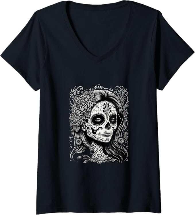 Women's Catrina Calaveras Día De Los Muertos Mexico Holiday V-Neck Women T-Shirt