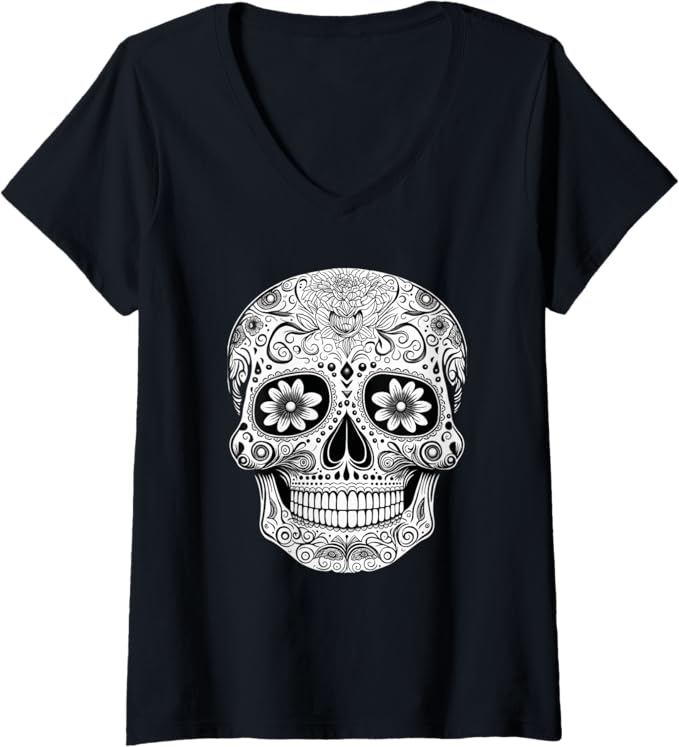 Women's Floral Mexican Sugar Skull V-Neck Women T-Shirt - Day of the Dead Design
