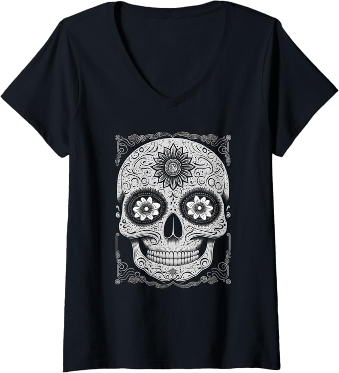 Women's Calaveras Sugar Skull V-Neck Women T-Shirt for Día de los Muertos - Mexican Holiday Apparel