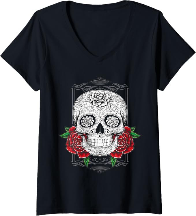 Womens Mexican Calaveras Flower Skull Día De Los Muertos V-Neck T-Shirt
