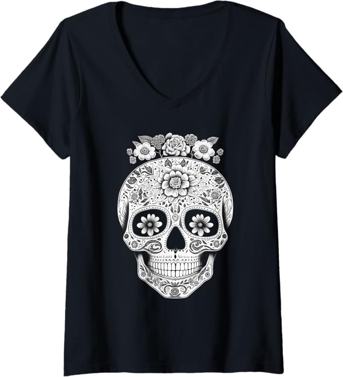 Women's Mexican Skull V-Neck Women T-Shirt - Camisas de Calaveras