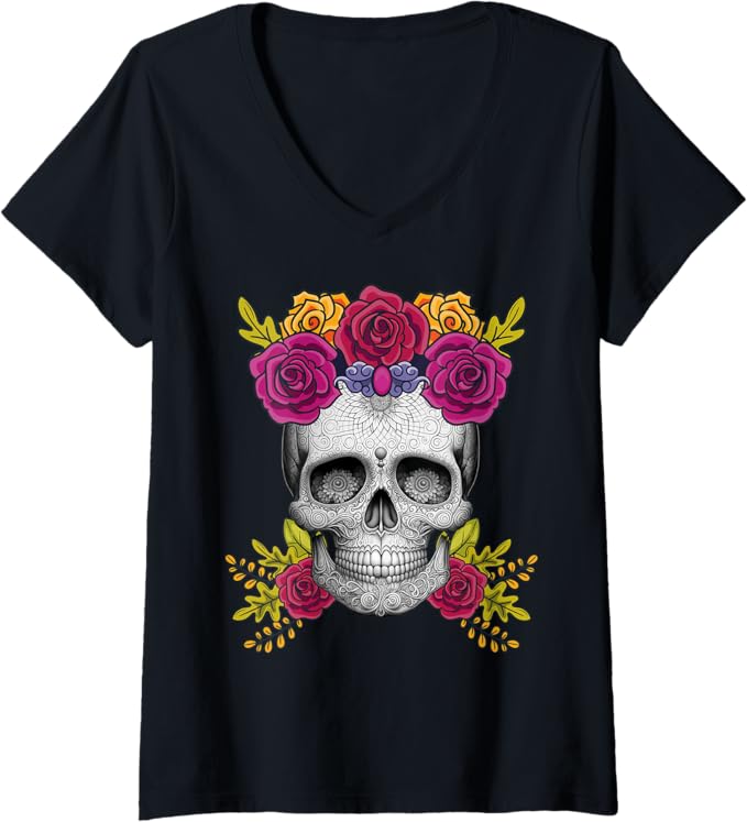 Womens Mexican Day of the Dead Sugar Skull Día De Los Muertos V-Neck T-Shirt