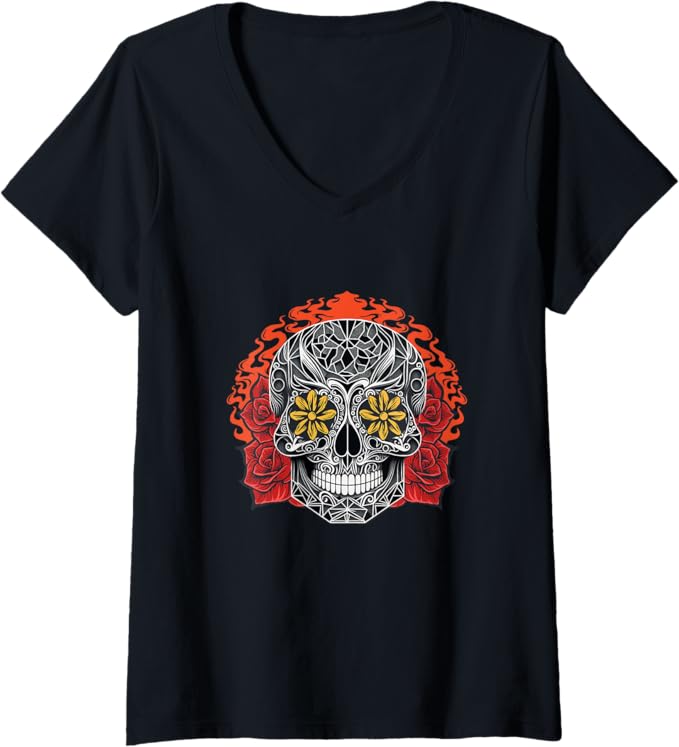 Women's Day of the Dead Sugar Skull Calaveras V-Neck Women T-Shirt – Mexican Holiday Tee