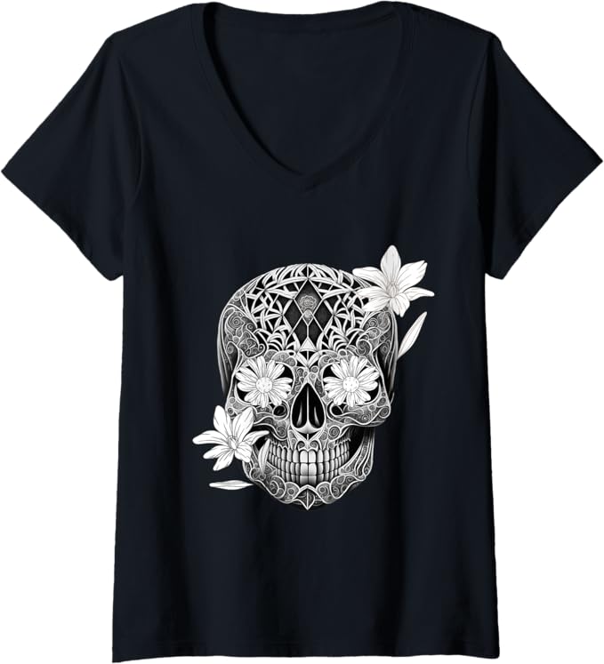 Women's Sugar Skull Flower Women T-Shirt - Dia De Los Muertos V-Neck