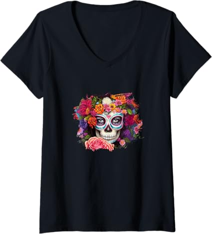 Women's Day of the Dead Skull V-Neck T-Shirt – Dia de los Muertos Mexico Shirt