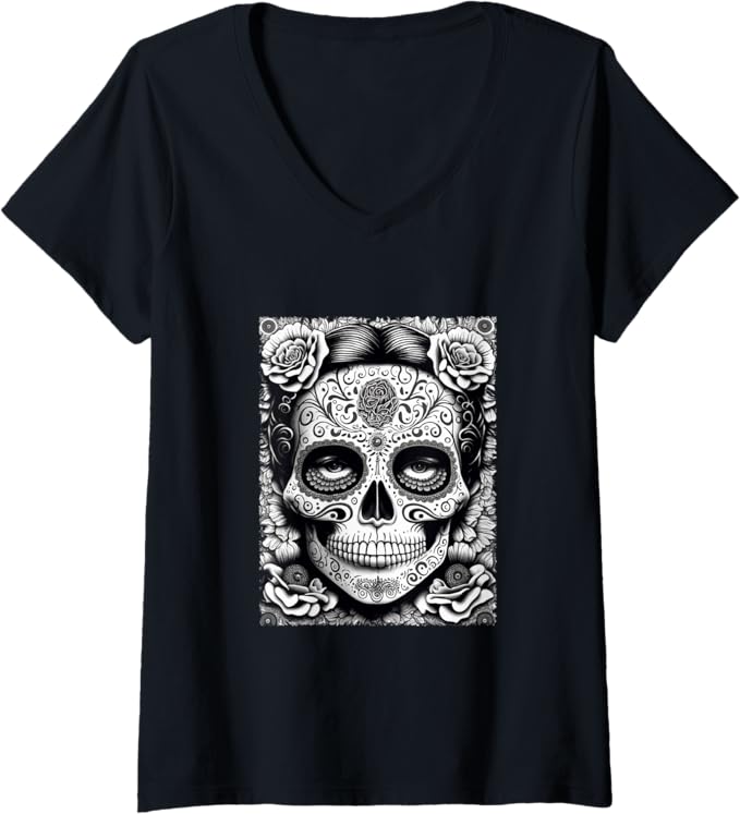 Women's Dia De Los Muertos V-Neck Women T-Shirt - Catrina Calaveras Skull Mexico Holiday Shirt