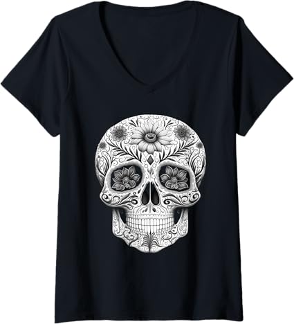 Women's Mexican Skull Art Dia de los Muertos V-Neck T-Shirt - Unique Day of the Dead Design