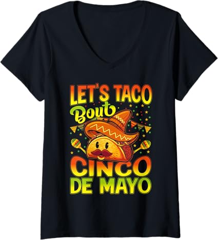 Women's Cinco de Mayo T-Shirt - Let's Taco Bout V-Neck Mexican Party Shirt