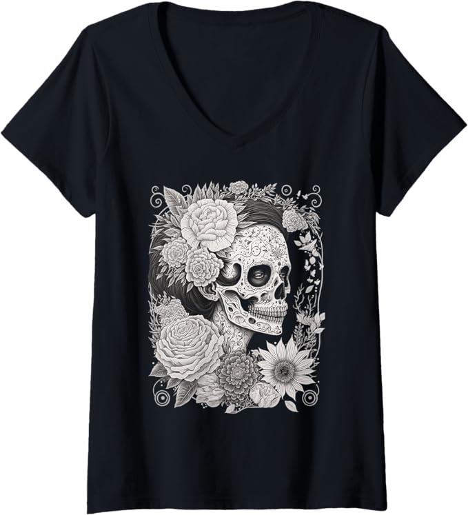 Women's Catrina Sugar Skull Calaveras Día de los Muertos V-Neck Women T-Shirt – Mexican Festival Style