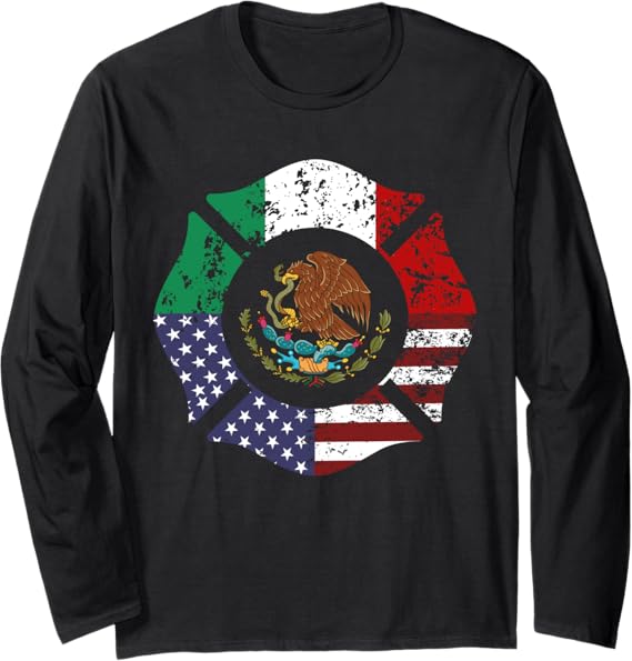 USA Mexico American Flag Escudo Nacional de México Long Sleeve T-Shirt