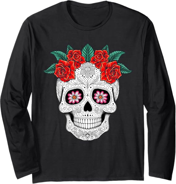 Day of the Dead Skull with Flowers Mexican Holiday Long Sleeve Shirt - Halloween & Dia de los Muertos Apparel
