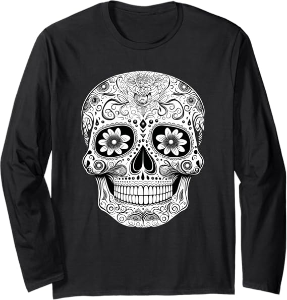 Floral Mexican Sugar Skull Day of the Dead Long Sleeve T-Shirt for Women
