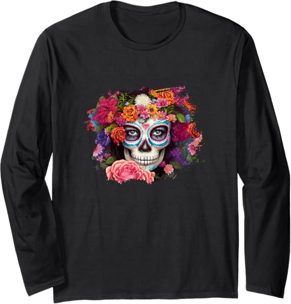 Mexico Day of the Dead Skull Dia de los Muertos Long Sleeve T-Shirt - Festive Halloween Shirt