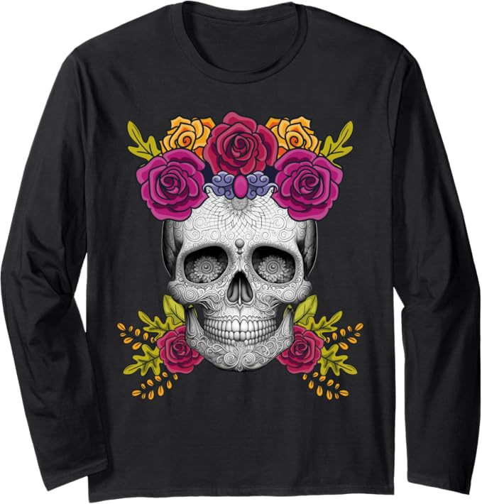 Dia de los Muertos Sugar Skull Long Sleeve T-Shirt – Mexican Day of the Dead Apparel