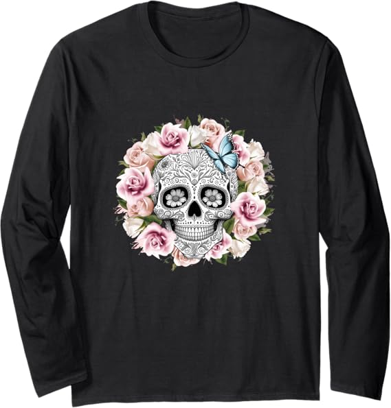 Floral Sugar Skull Dia de los Muertos Day of the Dead Mexico Long Sleeve T-Shirt