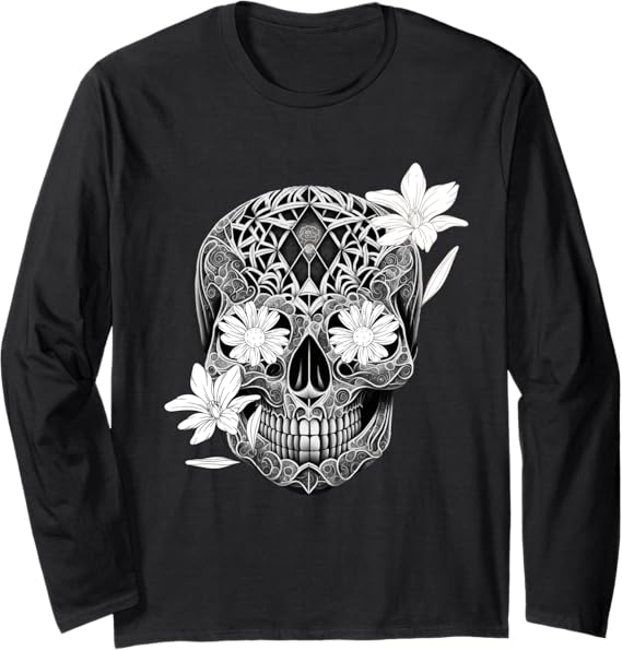 Flower Sugar Skull Mexico Dia De Los Muertos Long Sleeve T-Shirt – Halloween & Day of the Dead Apparel
