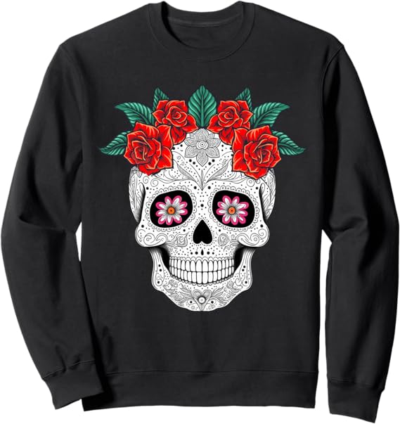 Day of the Dead Skull with Flowers Mexican Holiday Sweatshirt