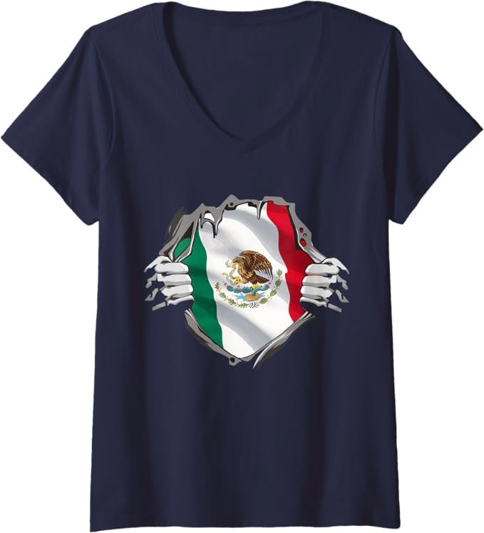 Women's Mexican Superhero V-Neck Women T-Shirt - Bandera Mexicana Pride Design