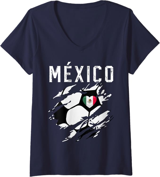 Women's Mexico Retro Vintage Soccer Women T-Shirt - Mexican Flag Heart V-Neck Fan Shirt