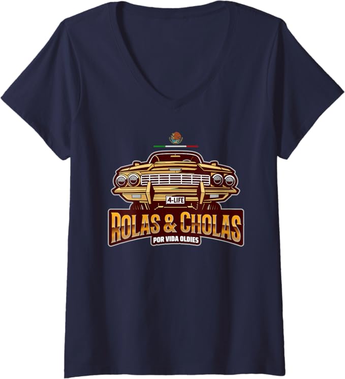 Womens Rolas & Cholas Por Vida Oldies Mexican Lowrider Hombre V-Neck T-Shirt
