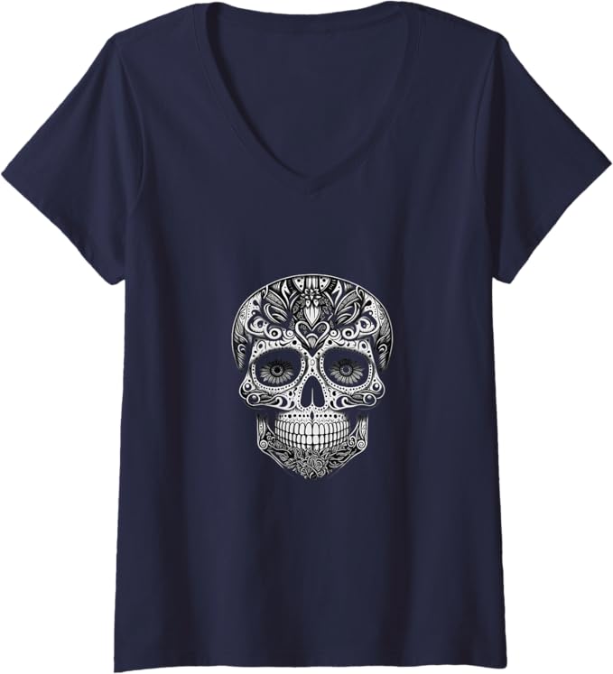 Women's Día de los Muertos Skull Calaveras V-Neck Women T-Shirt - Mexican Day of the Dead Shirt
