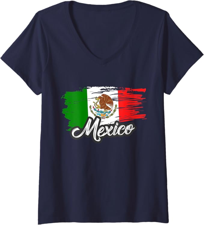 Women's Retro Mexican Flag Vintage Bandera Mexicana V-Neck Women T-Shirt – Stylish & Comfortable Mexican Pride Tee