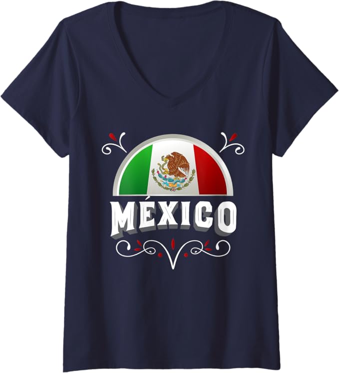 Women's Mexico Bandera V-Neck Women T-Shirt with Mexico Lettering - Mexican Flag Design