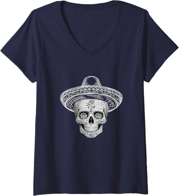 Women's Mexican Sugar Skull Sombrero Day of the Dead Calaveras V-Neck Women T-Shirt
