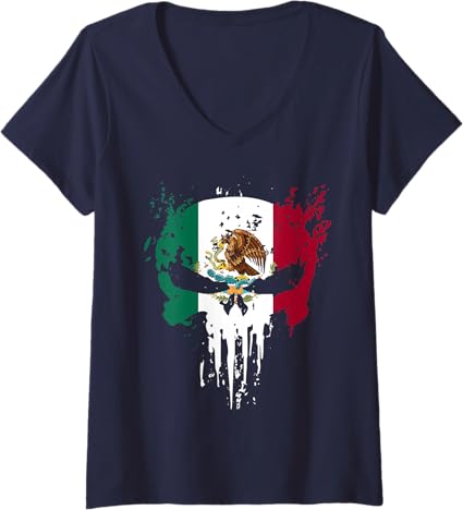 Women's Mexican Flag Skull V-Neck T-Shirt - Bandera Mexicana Camiseta