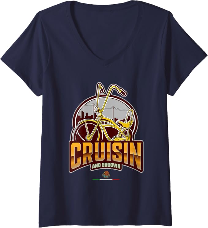 Women's Cruisin' and Groovin' Chicano Lowrider Bike Mexican V-Neck Women T-Shirt