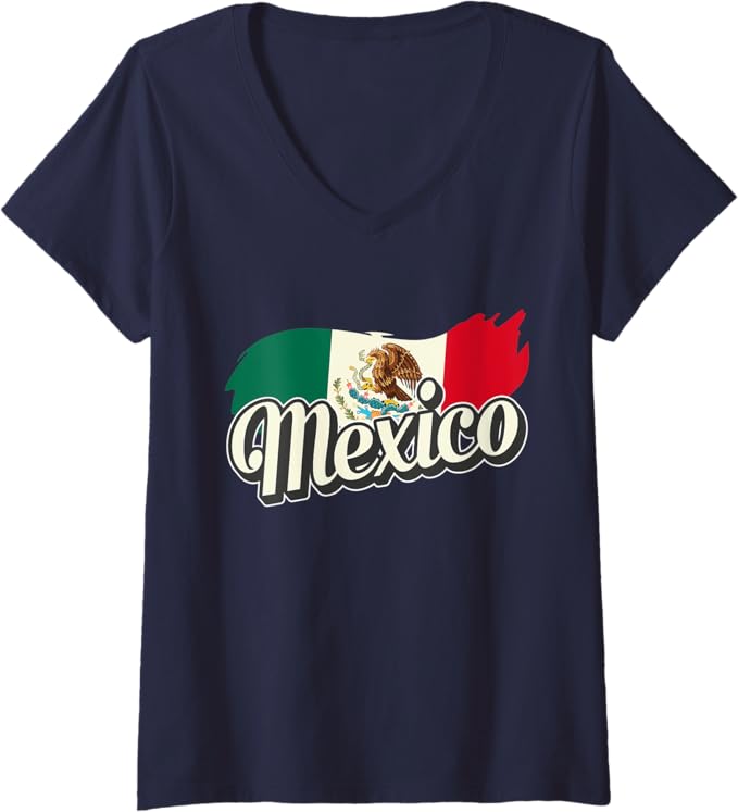 Women's V-Neck Women T-Shirt with Mexican Flag and Mexico Lettering - Mexico Bandera Desig