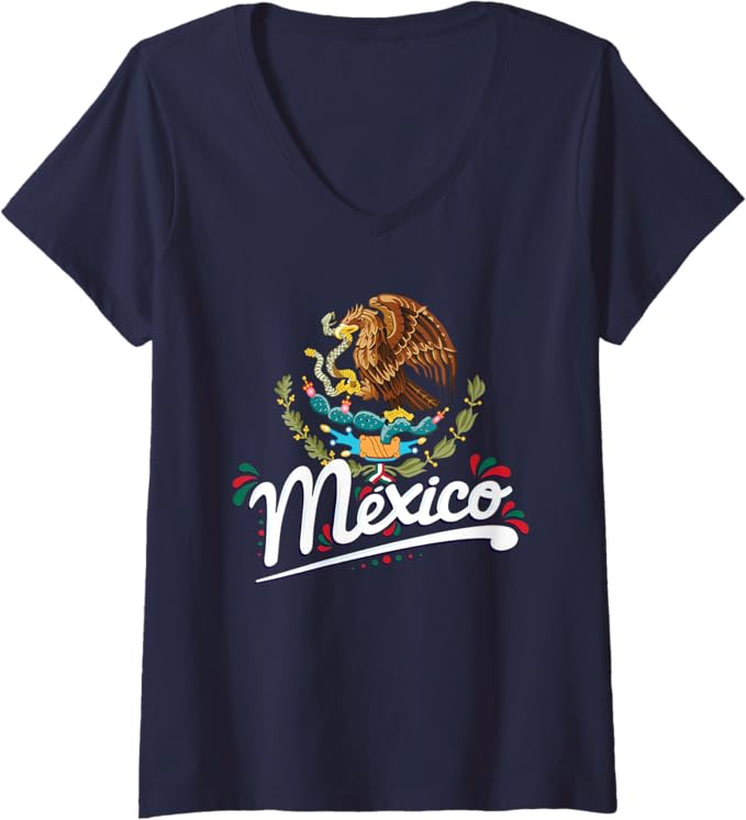 Women's Mexican Flag Coat of Arms V-Neck Women T-Shirt with Mexico Lettering