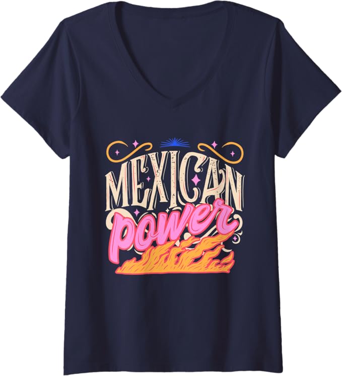 Women's Mexican Power Vintage Letter Design V-Neck Women T-Shirt for Hombre Mujer