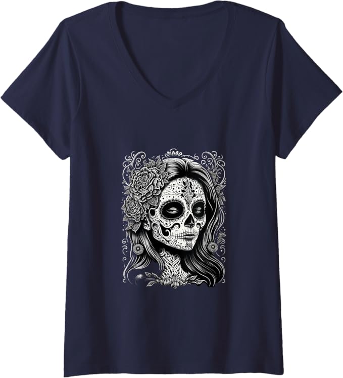 Women's Catrina Calaveras Día De Los Muertos Mexico Holiday V-Neck Women T-Shirt