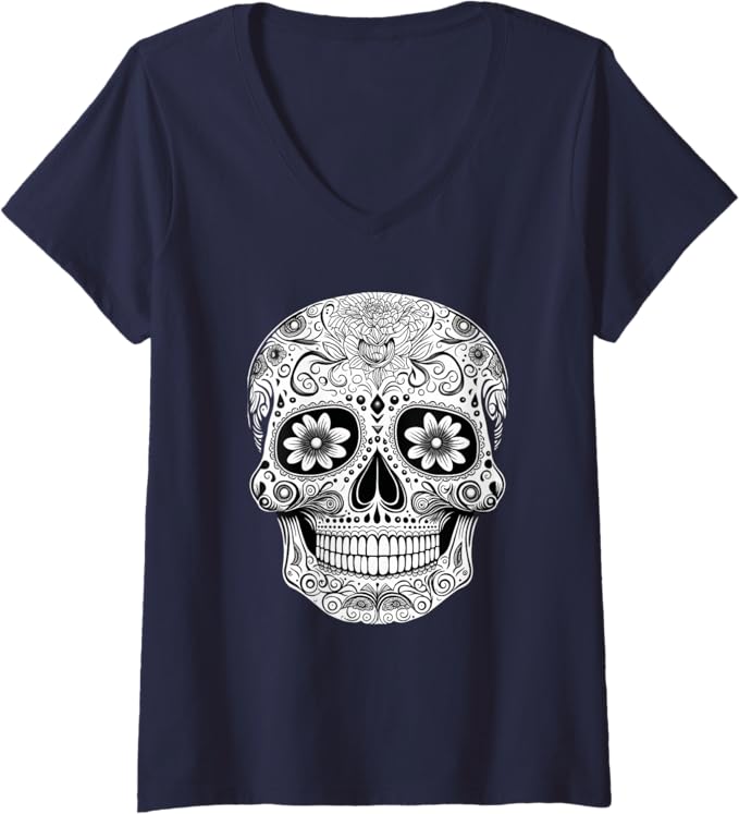 Women's Floral Mexican Sugar Skull V-Neck Women T-Shirt - Day of the Dead Design