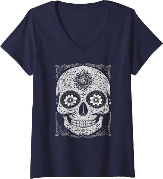 Women's Calaveras Sugar Skull V-Neck Women T-Shirt for Día de los Muertos - Mexican Holiday Apparel