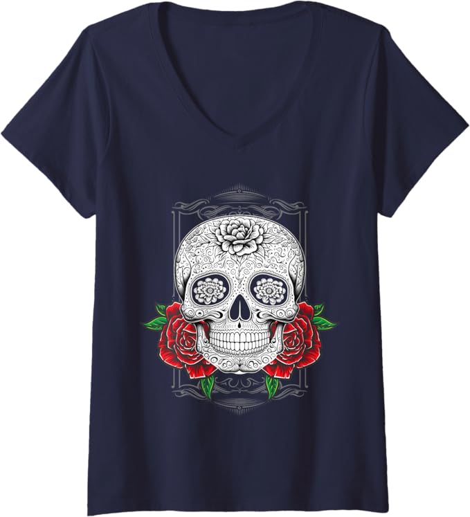Womens Mexican Calaveras Flower Skull Día De Los Muertos V-Neck T-Shirt