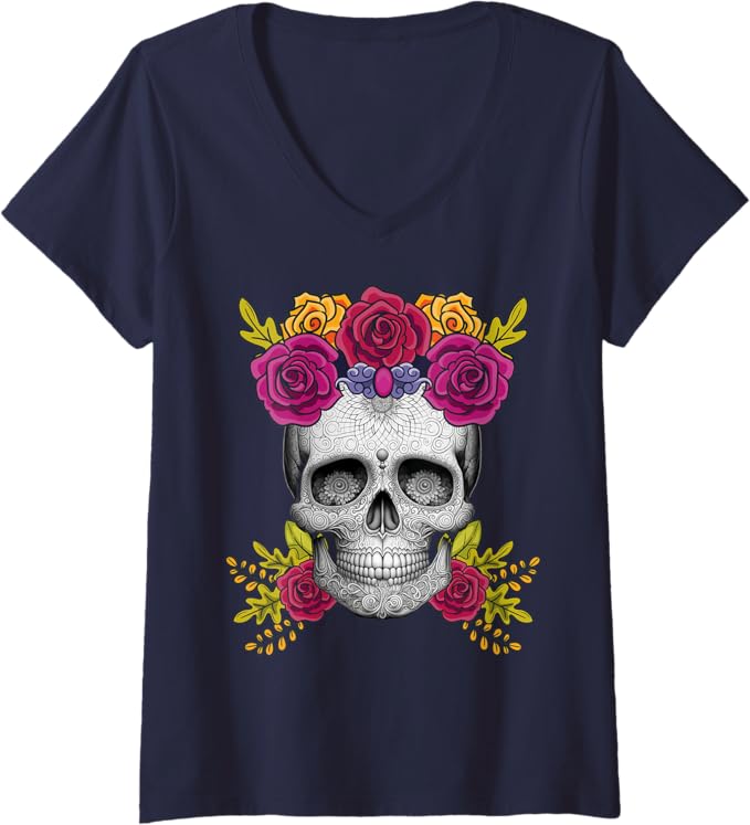 Womens Mexican Day of the Dead Sugar Skull Día De Los Muertos V-Neck T-Shirt
