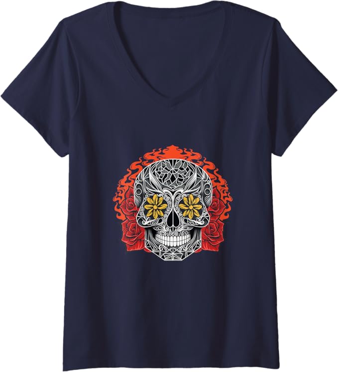 Women's Day of the Dead Sugar Skull Calaveras V-Neck Women T-Shirt – Mexican Holiday Tee