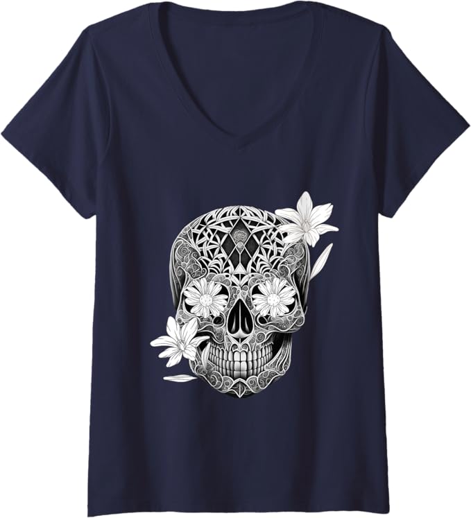 Women's Sugar Skull Flower Women T-Shirt - Dia De Los Muertos V-Neck