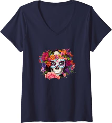 Women's Day of the Dead Skull V-Neck T-Shirt – Dia de los Muertos Mexico Shirt