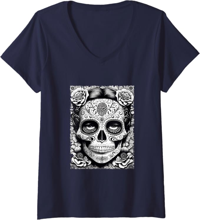 Women's Dia De Los Muertos V-Neck Women T-Shirt - Catrina Calaveras Skull Mexico Holiday Shirt