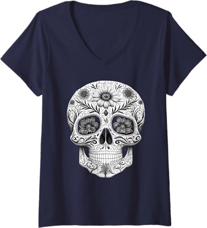 Women's Mexican Skull Art Dia de los Muertos V-Neck T-Shirt - Unique Day of the Dead Design