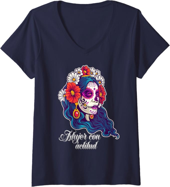 Women's Mujer Con Actitud Mexican Sugar Skull V-Neck Women T-Shirt for Women and Girls