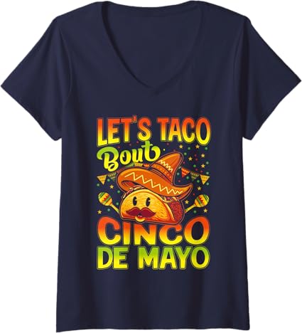 Women's Cinco de Mayo T-Shirt - Let's Taco Bout V-Neck Mexican Party Shirt