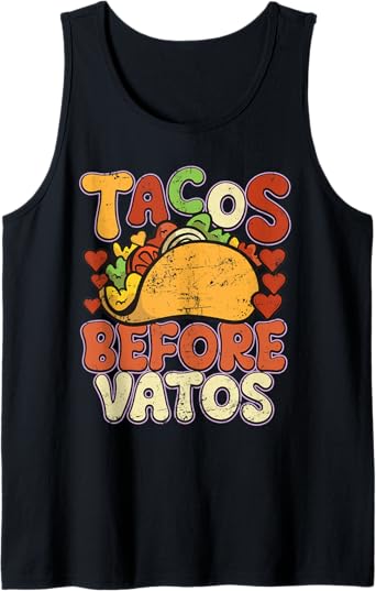 Tacos Before Vatos Funny Vintage Mexican Chicano Tank Top - Retro Style Shirt for Men