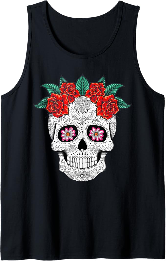 Day of the Dead Skull with Flowers Mexican Holiday Men Tank Top - Festive Apparel for Dia de los Muertos