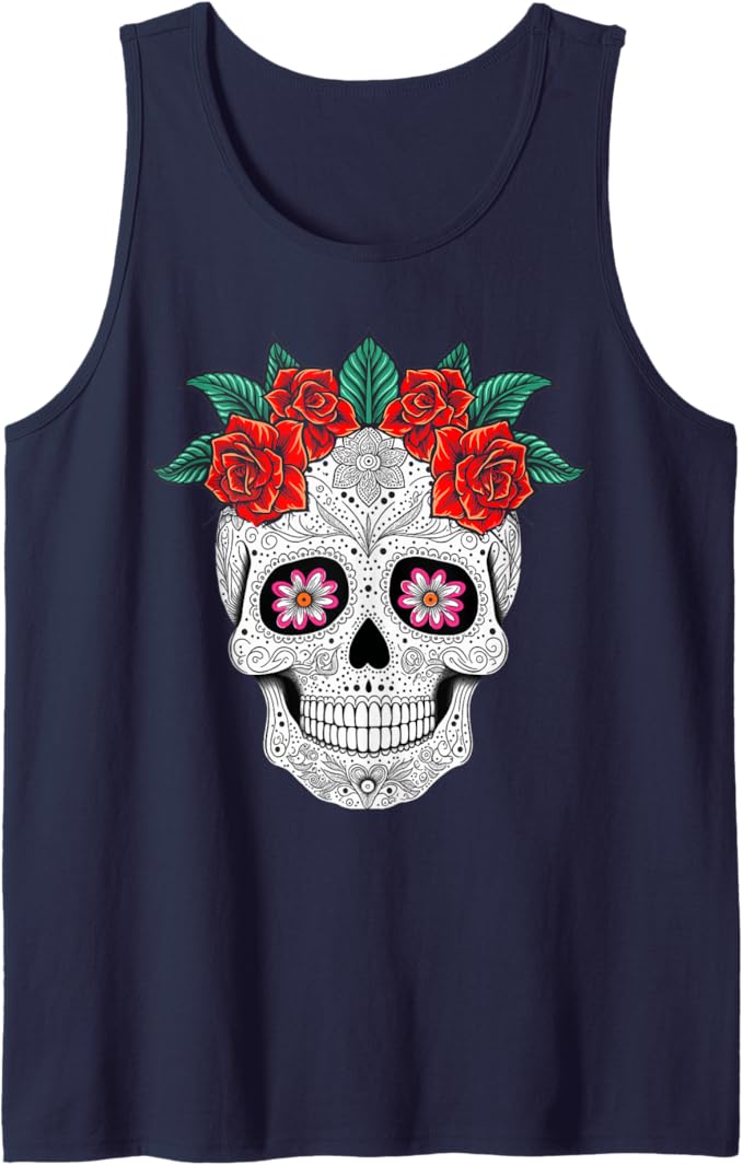 Day of the Dead Skull with Flowers Mexican Holiday Men Tank Top - Festive Apparel for Dia de los Muertos